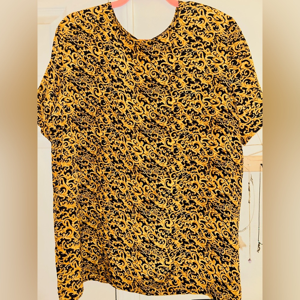 Diane Gilman Vintage Black and Gold Silk Patterned Top
